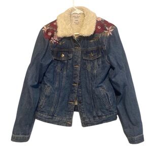Floral Embroidered Denim Jacket with Shearling Collar